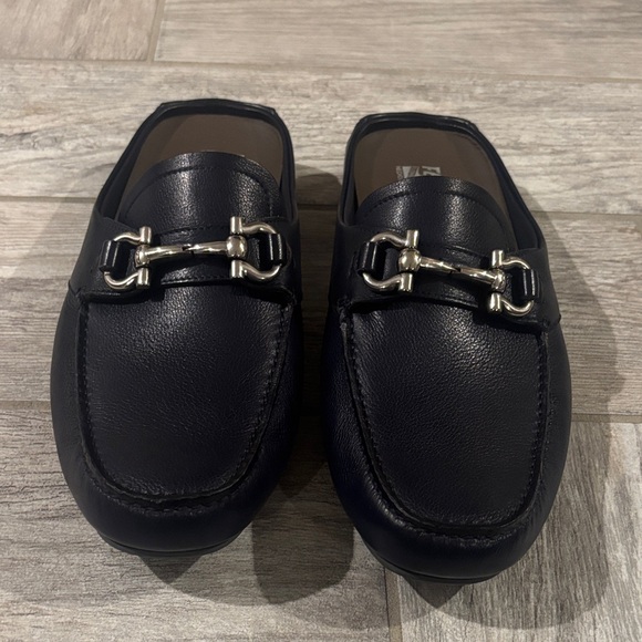 Salvatore Ferragamo Navy Leather Loafers with Silver Accents